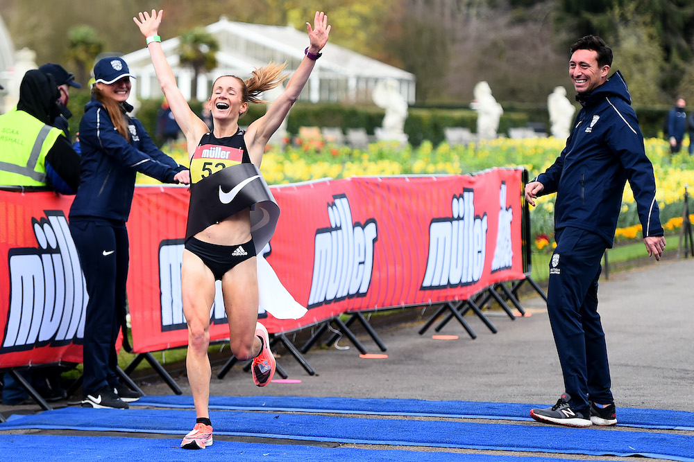 Stephanie Davis crosses the line first to win the women's marathon race during the Muller British Athletics Marathon and at Kew Gardens. Credit: Tom Dulat / British Athletics / Getty Images